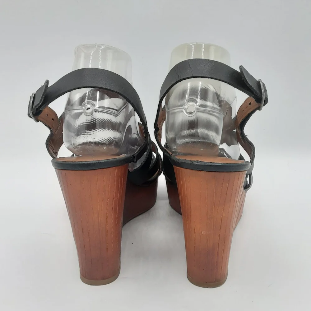 Lucky Brand Larinaa Black Leather Boho Retro 70's Strappy Wedge Sandals.
